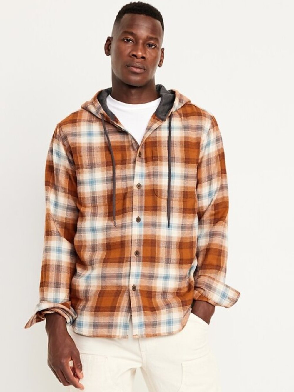 Old Navy Orange Plaid Cotton Button Front Hooded Flannel Shirt